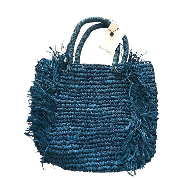 HOME‎ HOLIDAY Straw Handle Tote Bag Blue NWT - Picture 3 of 5